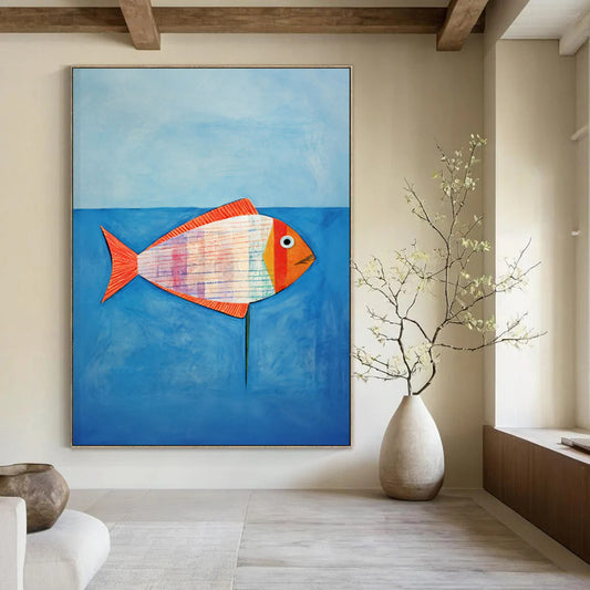 Colorful Striped Fish, Blue Sea - "Patchwork Fish" - Naive Art - style Painting CT1836