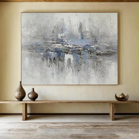 “Gray & Blue Misty Reflection” Abstract Landscape Painting On Canvas DKH349