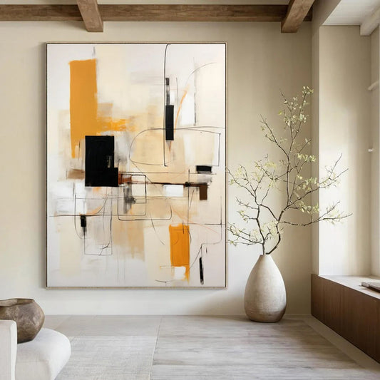 Beige, Orange, Black & White Geometric Abstraction - "Linear Harmony" - Abstract Acrylic Painting CT1461