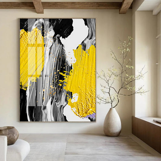 “Vibrant Strokes” - Yellow, Gray, Black & Gold Abstract Splashes Painting On Canvas DKH1526