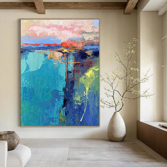 “Colorful Abstract Sunset” - Blue, Pink, Orange & Green Landscape - Inspired Painting On Canvas DKH1030