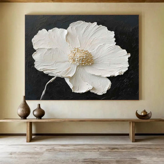 “Textured White Flower on Black” 3D Floral Painting On Canvas DLZ091