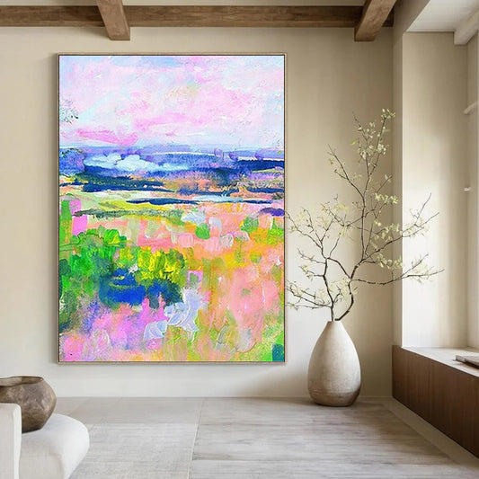 “Colorful Pastel Landscape” - Pink, Purple & Green Impressionistic Painting On Canvas DKH0934