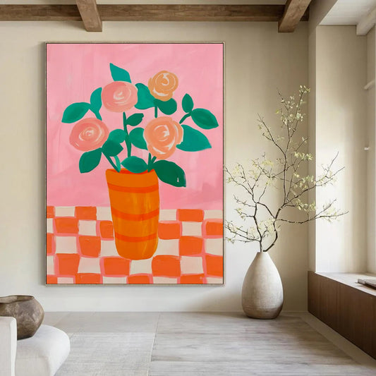 Pink & Orange Floral Vase - Folk - Art - Inspired Still - Life Painting On Canvas CT2258