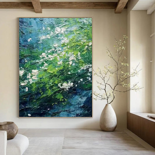 Green and Blue Floral Stream - Impasto Landscape Painting On Canvas DKH1404