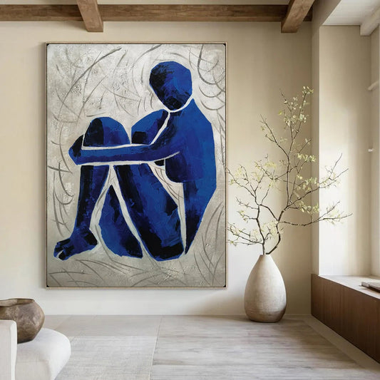 “Blue Contemplative Figure” – Expressionistic Oil Painting On Canvas CT2166