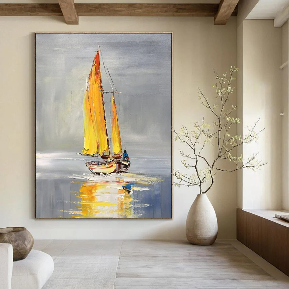 “Yellow - Sailed Boat” - Gray & Yellow Sailboat Painting On Canvas CT2198