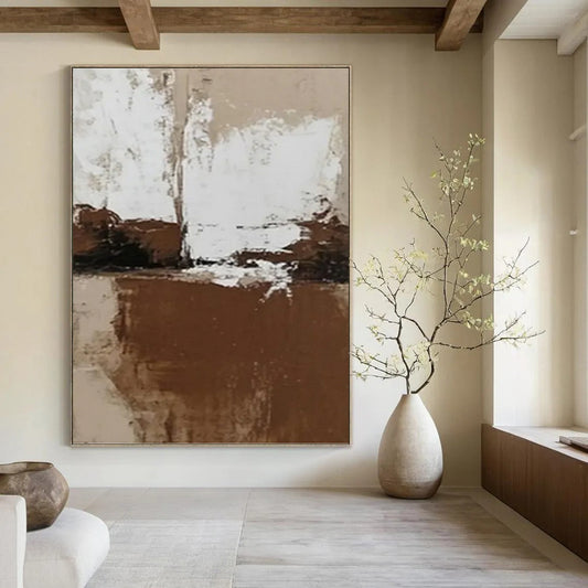 “Brown - White Abstract Simplicity” - Brown & White Minimalist Painting On Canvas DKH0975
