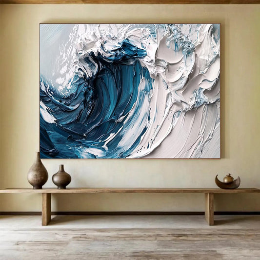 Crashing Wave - Deep Blue & White Impasto Seascape Painting On Canvas DKH873