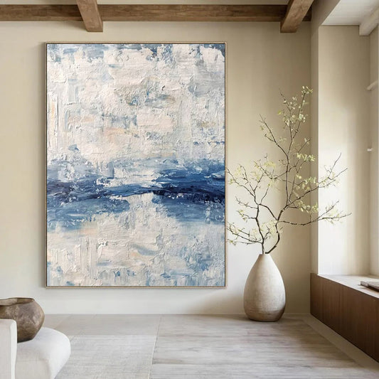 “Blue - White Textures” - Blue & White Abstract Textured Layers Painting On Canvas DKH1546