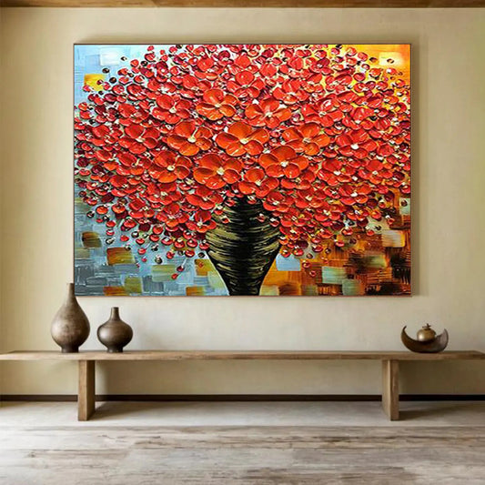 Red Flower Tree in Vase - Impasto Floral Painting On Canvas DLZ226