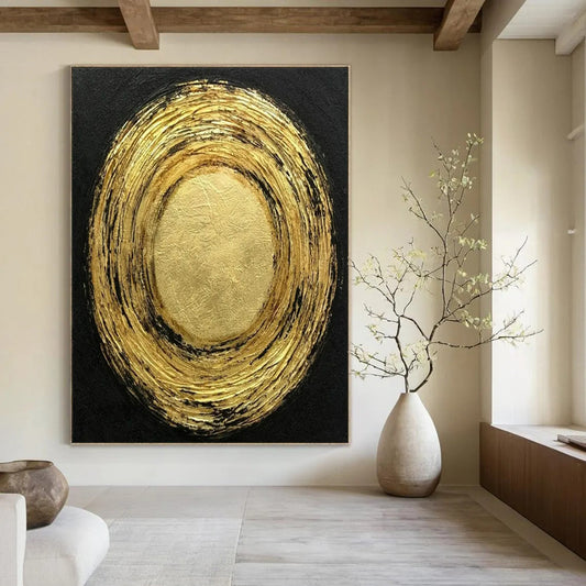 “Gold & Black Textured Circles” - Abstract Painting On Canvas CT2330