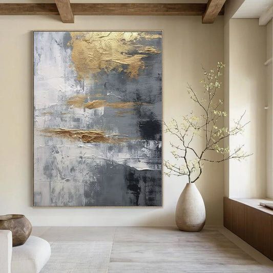 Grey - Gold Textured Abstraction - Abstract Impasto Oil CT1260