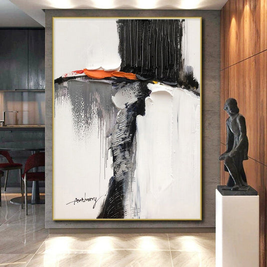 “Black - White - Orange - Gray Textured Figure” ,Abstract Acrylic Painting CT0791
