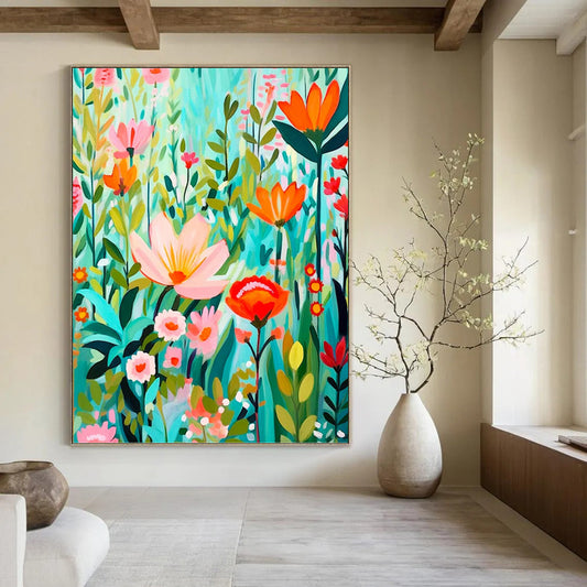 “Flat - Style Floral Field” - Colorful Flat - Design Floral Field Painting On Canvas DKH1595