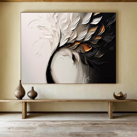 “Textured White & Gold Foliage” - White, Black, Gold 3D Floral Painting On Canvas DKH748
