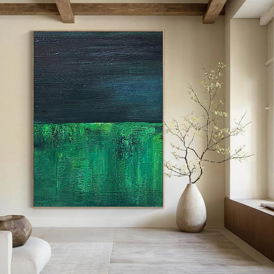 “Dark Green & Blue Layers” - Dark Green & Blue Abstract Minimalist Painting On Canvas DKH1201