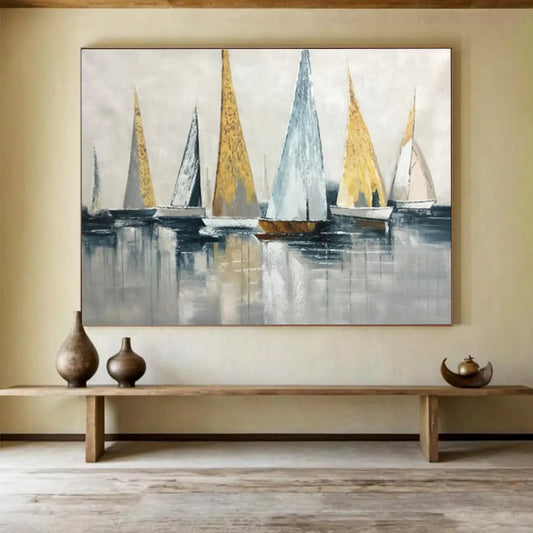 “Gold and Gray Sailboat Abstract” Painting On Canvas DKH169
