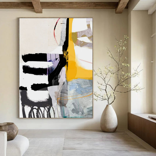 “Black, Yellow, Purple & White Collage - Style Abstract” - Abstract Painting On Canvas CT2313