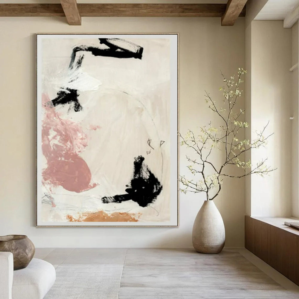 “Black, Pink & Earth - Tone Abstract Forms” - Abstract Painting On Canvas CT2316