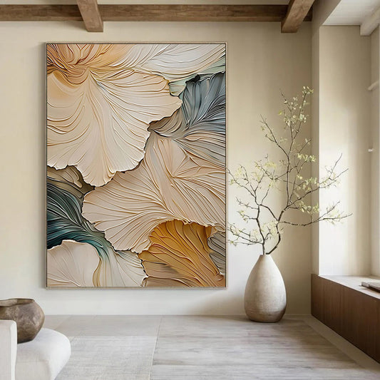 3D Floral Petals in Beige and Blue - Textured Floral Painting On Canvas DKH1385