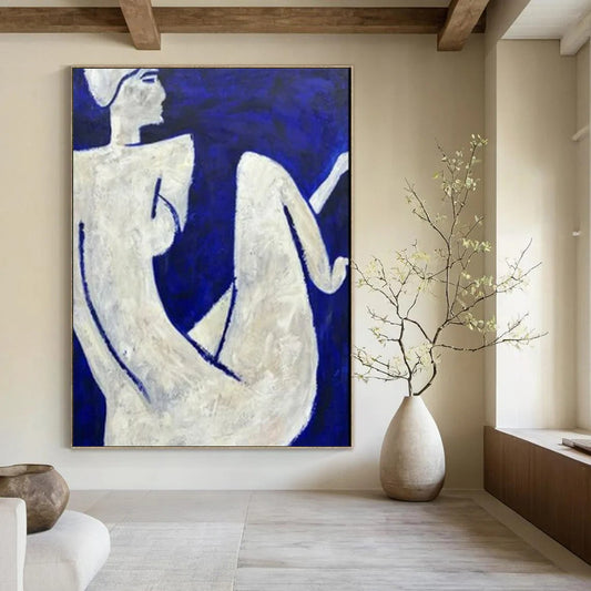 “White Figures On Blue Background” - Figurative Abstract Painting On Canvas CT2329