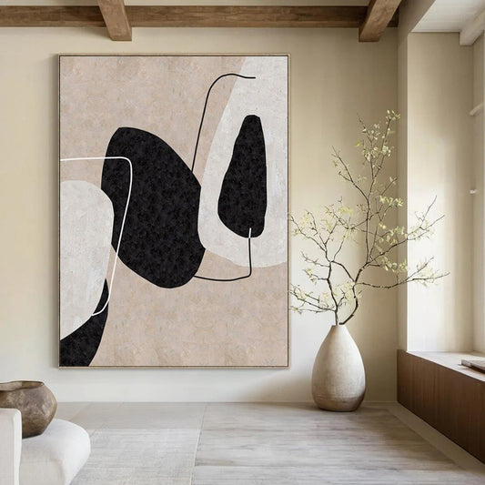“Beige, Black, and White Geometric Assemblage” – Minimalist Geometric Painting CT1121
