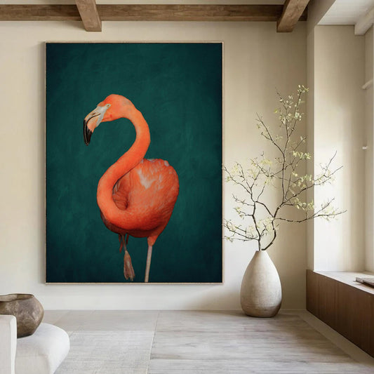 Vibrant Orange Flamingo Dark Green Realist Stylized Wildlife Art CT1920