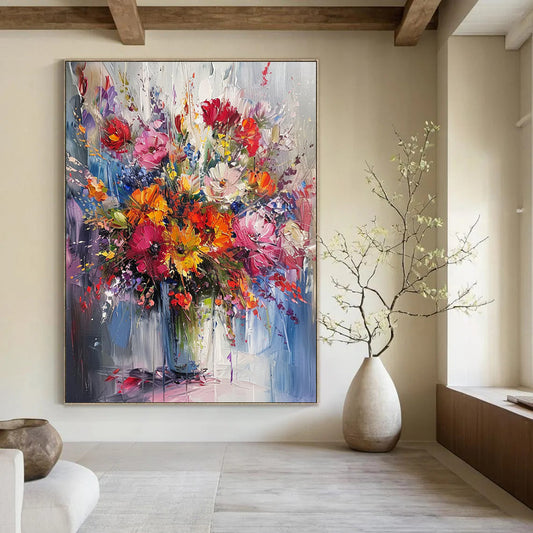 “Colorful Floral Explosion” - Multicolor Floral Painting On Canvas DTP260
