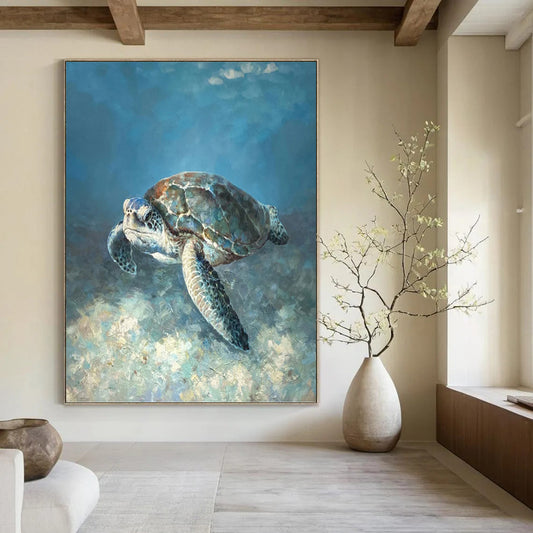 Realistic Sea Turtle in Blue Waters - Wildlife Painting On Canvas DKH1443