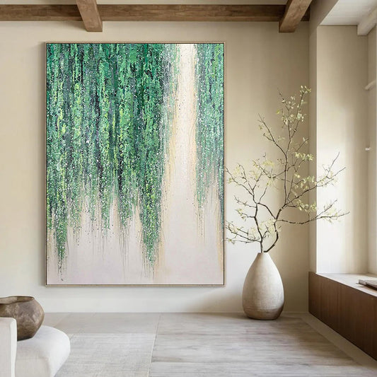 “Willow Whispers” - Green & White Hanging Foliage Painting On Canvas DKH1506