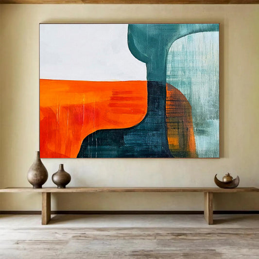Orange Teal and Blue Shapes Vibrant Geometric Abstract Painting On Canvas DKH265