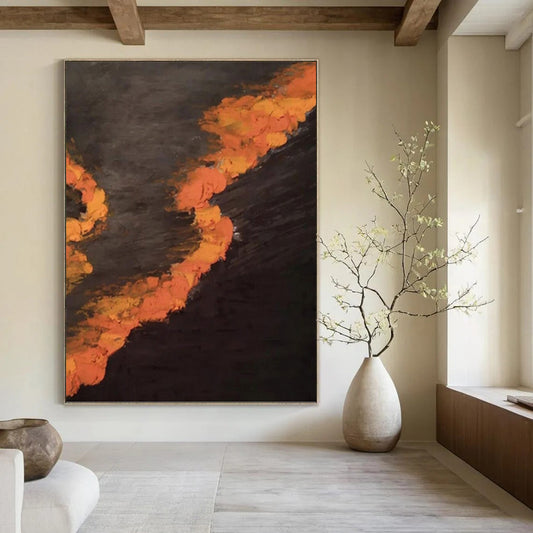 “Dark - Toned Orange Streaks” - Black & Orange Expressive Painting On Canvas DKH0961