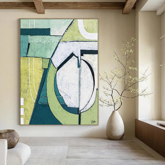 Mint and Olive Geometric Abstraction - A Calm, Structured Vision Painting On Canvas CT2375