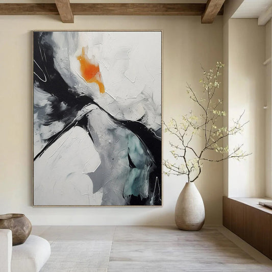 Black, White, Grey with Orange Accent - "Dynamic Contrast" - Abstract Textured Painting CT1464