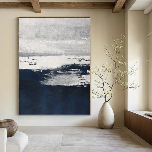 “Moody Horizons” - Gray, White & Navy Abstract Landscape - Inspired Painting On Canvas DKH1540