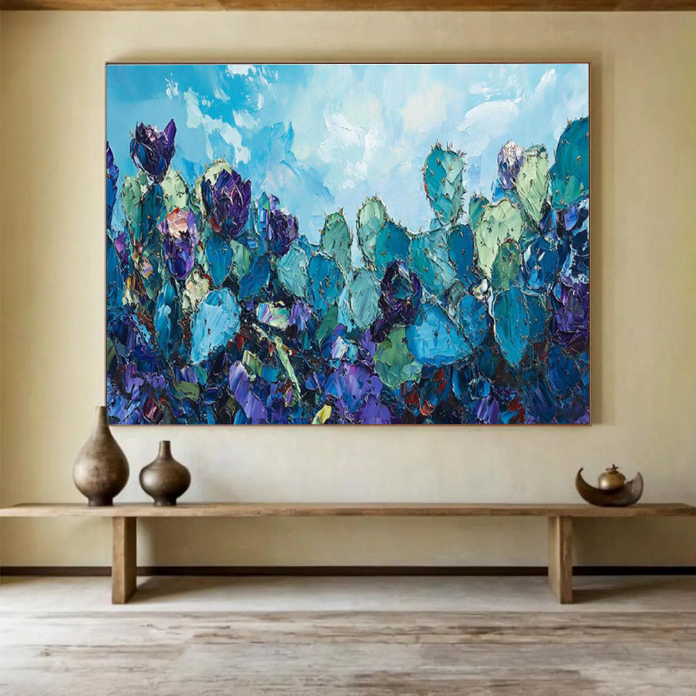 “Blue Cactus Field” - Vibrant Desert Painting On Canvas DKH827