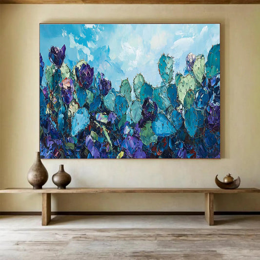 “Blue Cactus Field” - Vibrant Desert Painting On Canvas DKH827