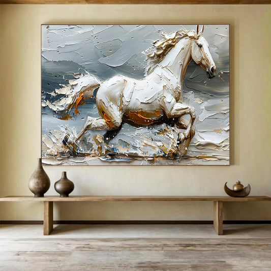 “Galloping White Horse” - Textured Equine Painting On Canvas DKH812