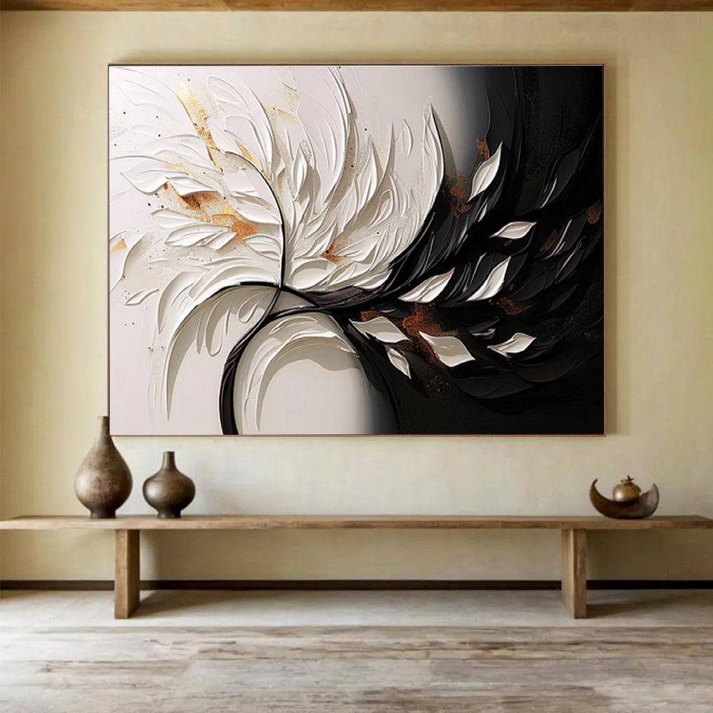 “3D White & Black Floral Burst” - White, Black, Gold Textured Floral Painting On Canvas DKH746