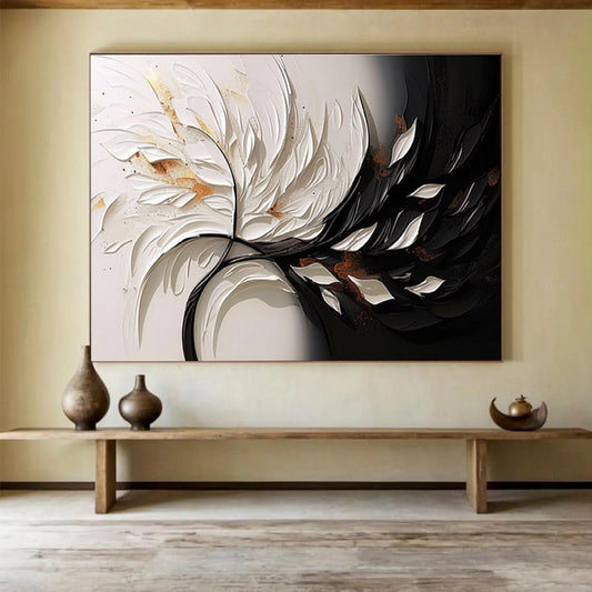 “3D White & Black Floral Burst” - White, Black, Gold Textured Floral Painting On Canvas DKH746