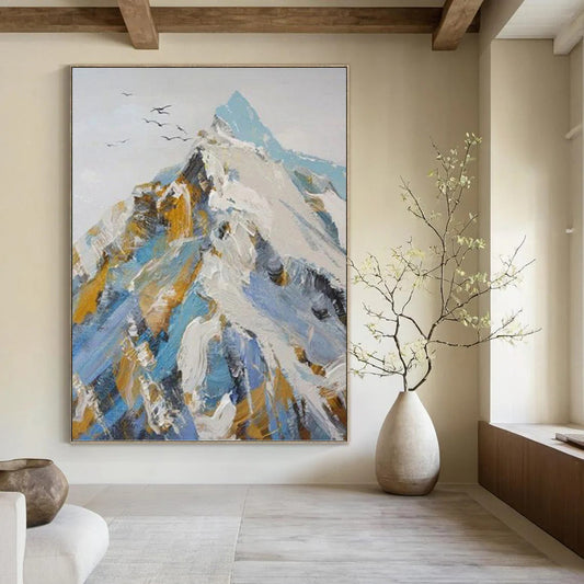 “Colorful Mountain Impasto” - Blue, White & Gold Textured Landscape Painting On Canvas DKH0955