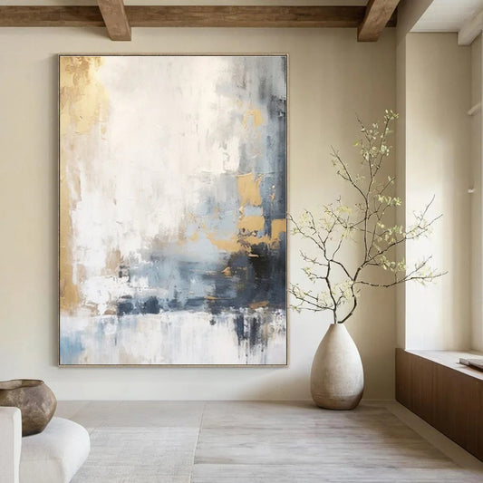 Neutral Tones with Gold & Blue - Abstract Expressionist Acrylic On Canvas CT1339