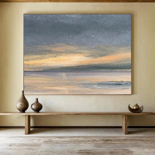 “Gray, Orange, Serene ‘Sunset Shore’” - Abstract Seascape Painting On Canvas DLZ016