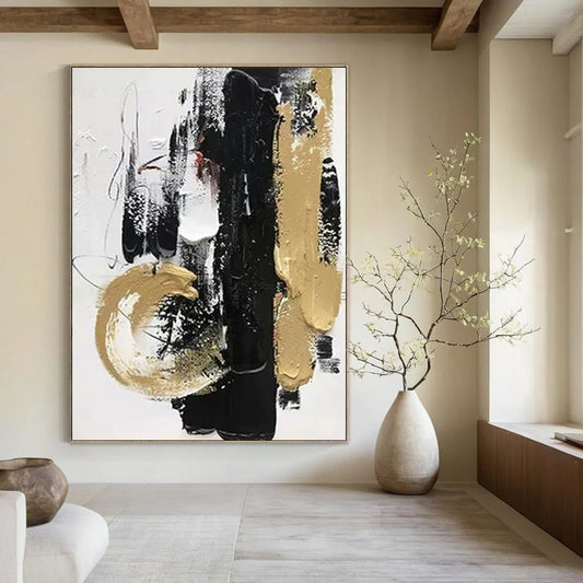 “Black - Gold Abstract Drama” - Textured Abstract Painting On Canvas DTP146