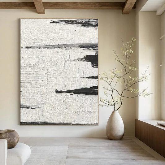 “White, Black Textured Strokes ‘Subtle Motion’” - Impasto Abstract Painting On Canvas DTP384