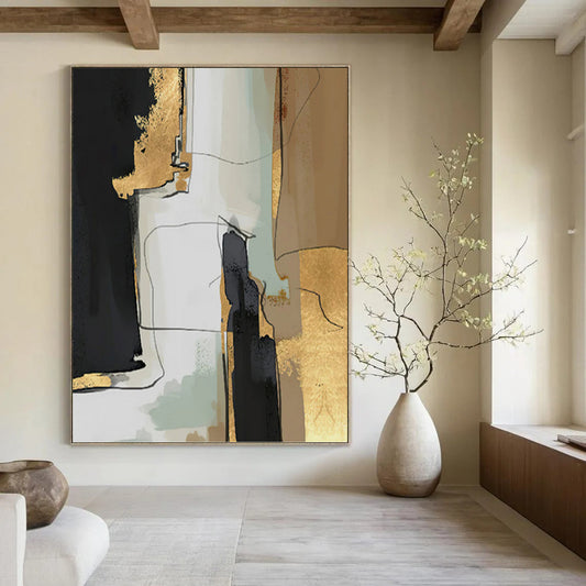 “Gilded Urbanity” - Black, Gold, Beige & Green Abstract Cityscape - Inspired Painting On Canvas DKH1524