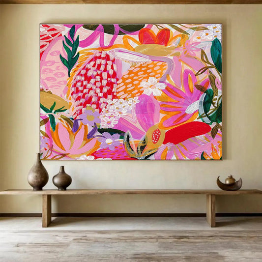 “Tropical Floral Fiesta” - Pink, Purple, Orange Exotic Floral Folk - Art Inspired Painting On Canvas DKH708
