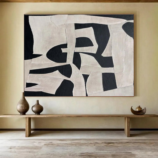 Black and White Geometric Abstract “Dynamic Shape Interplay” Painting On Canvas DKH091