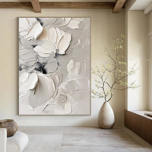 3D White Florals in Relief - Impasto Floral Acrylic CT1289